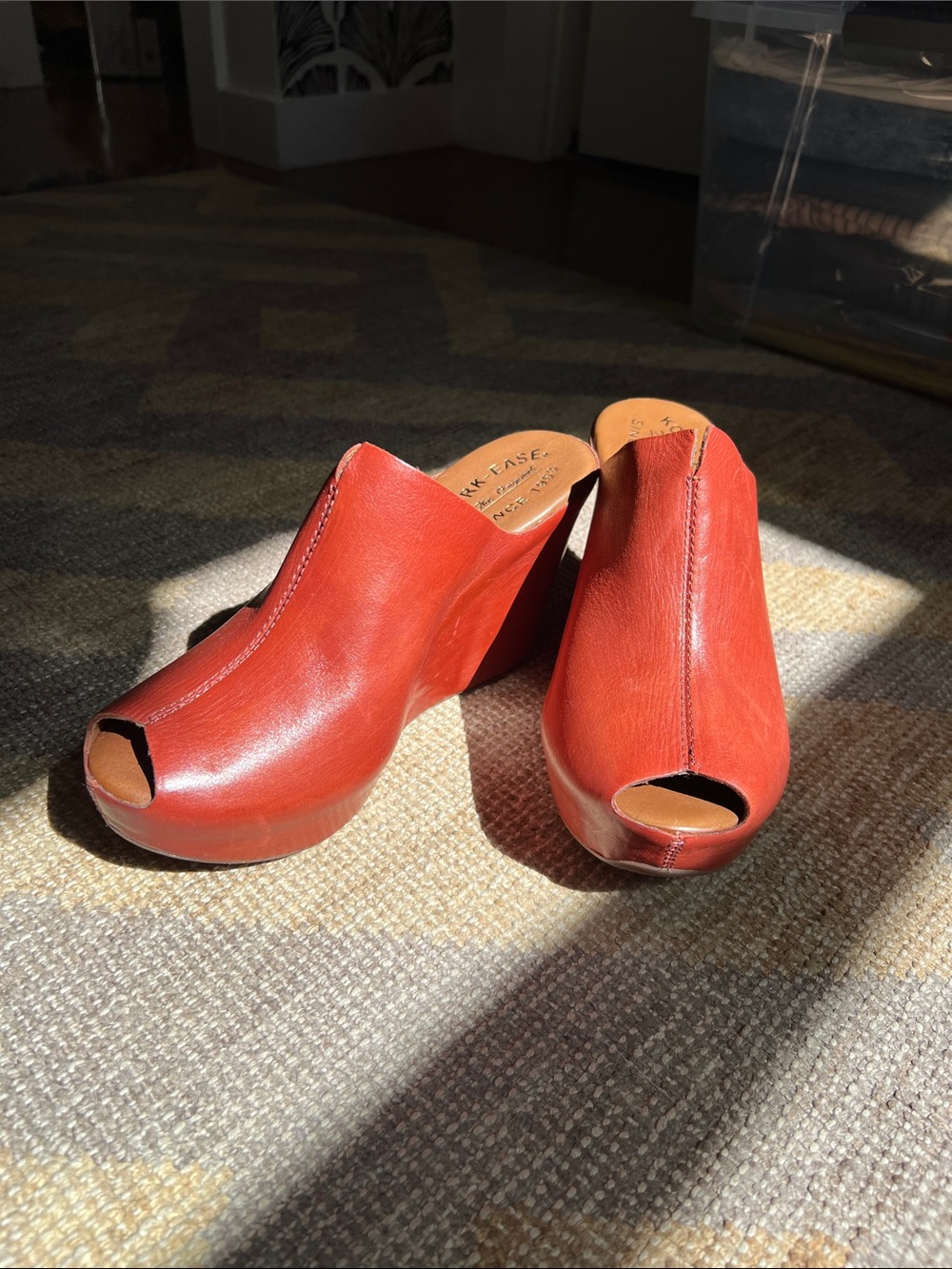 Kork-Ease Rust Red Leather Peep Toe Wedge Mules Size 8